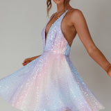 Floating By Plunging Neckline Mini Dress Sequin Rainbow