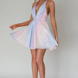 Floating By Plunging Neckline Mini Dress Sequin Rainbow