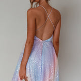 Floating By Plunging Neckline Mini Dress Sequin Rainbow