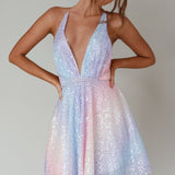 Floating By Plunging Neckline Mini Dress Sequin Rainbow