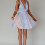 Floating By Plunging Neckline Mini Dress Sequin Rainbow