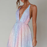 Floating By Plunging Neckline Mini Dress Sequin Rainbow