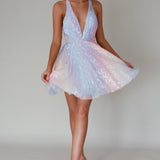 Floating By Plunging Neckline Mini Dress Sequin Rainbow