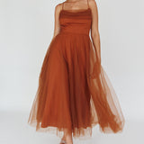 Floating By Pleated Neckline Mesh Midi Dress Brown