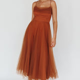 Floating By Pleated Neckline Mesh Midi Dress Brown