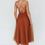 Floating By Pleated Neckline Mesh Midi Dress Brown