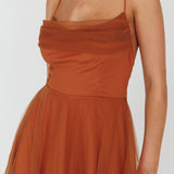 Floating By Pleated Neckline Mesh Midi Dress Brown