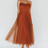Floating By Pleated Neckline Mesh Midi Dress Brown