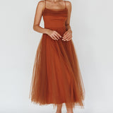 Floating By Pleated Neckline Mesh Midi Dress Brown