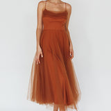 Floating By Pleated Neckline Mesh Midi Dress Brown