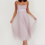 Floating By Pleated Neckline Mesh Midi Dress Lilac
