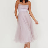 Floating By Pleated Neckline Mesh Midi Dress Lilac