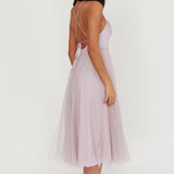 Floating By Pleated Neckline Mesh Midi Dress Lilac