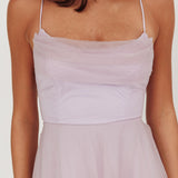 Floating By Pleated Neckline Mesh Midi Dress Lilac