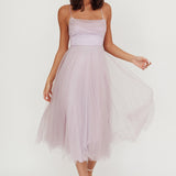 Floating By Pleated Neckline Mesh Midi Dress Lilac