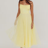Floating By Pleated Neckline Mesh Midi Dress Yellow