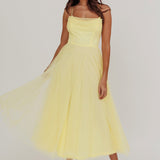 Floating By Pleated Neckline Mesh Midi Dress Yellow