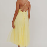 Floating By Pleated Neckline Mesh Midi Dress Yellow