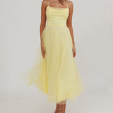Floating By Pleated Neckline Mesh Midi Dress Yellow