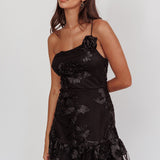 Lilah One-Shoulder Embellished Rosette Dress Black