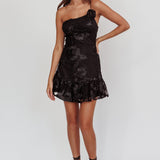 Lilah One-Shoulder Embellished Rosette Dress Black