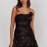 Lilah One-Shoulder Embellished Rosette Dress Black