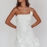 Lilah One-Shoulder Embellished Rosette Dress White