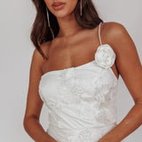 Lilah One-Shoulder Embellished Rosette Dress White