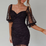 La Vida Sweetheart Neckline Puff Sleeve Dress Black