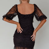 La Vida Sweetheart Neckline Puff Sleeve Dress Black