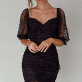 La Vida Sweetheart Neckline Puff Sleeve Dress Black