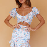 Azure Sky Tied Back Crop Top Printed Blue