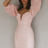 Good Vibes Puff Sleeve Deep V-Neckline Lace Mini Dress Blush