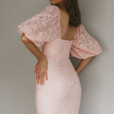 Good Vibes Puff Sleeve Deep V-Neckline Lace Mini Dress Blush
