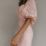 Good Vibes Puff Sleeve Deep V-Neckline Lace Mini Dress Blush