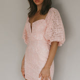 Good Vibes Puff Sleeve Deep V-Neckline Lace Mini Dress Blush