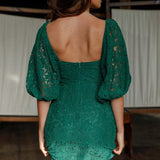 Good Vibes Puff Sleeve Deep V-Neckline Lace Mini Dress Forest Green