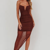 Good Vibes V-Bust Sheer Split Midi Dress Chocolate