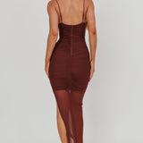Good Vibes V-Bust Sheer Split Midi Dress Chocolate