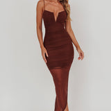 Good Vibes V-Bust Sheer Split Midi Dress Chocolate