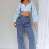 Tanner Long Sleeve Ruched Crop Top Steel Blue