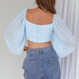 Tanner Long Sleeve Ruched Crop Top Steel Blue
