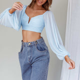Tanner Long Sleeve Ruched Crop Top Steel Blue