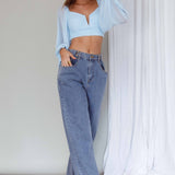 Tanner Long Sleeve Ruched Crop Top Steel Blue
