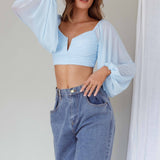 Tanner Long Sleeve Ruched Crop Top Steel Blue