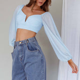 Tanner Long Sleeve Ruched Crop Top Steel Blue