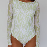 Juni Long Sleeve Low Back Mesh Bodysuit Tiger Lime