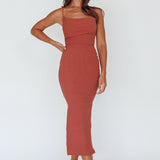 Frieda Cowl Neck Side Split Ribbed Midi Dress Rust