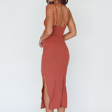 Frieda Cowl Neck Side Split Ribbed Midi Dress Rust