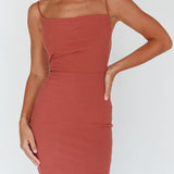 Frieda Cowl Neck Side Split Ribbed Midi Dress Rust
